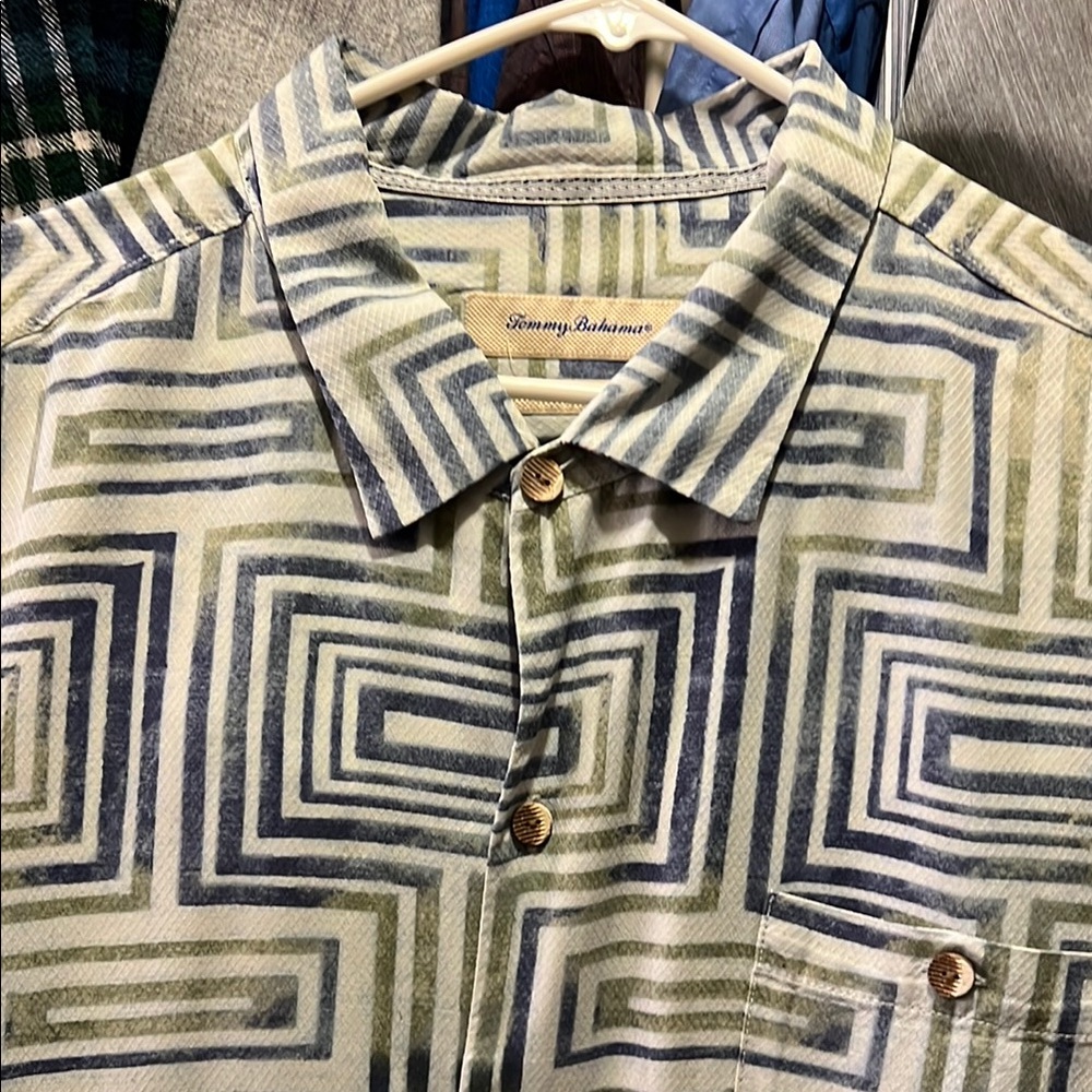 Tommy Bahama Green and Blue Geometric Button Down Shirt